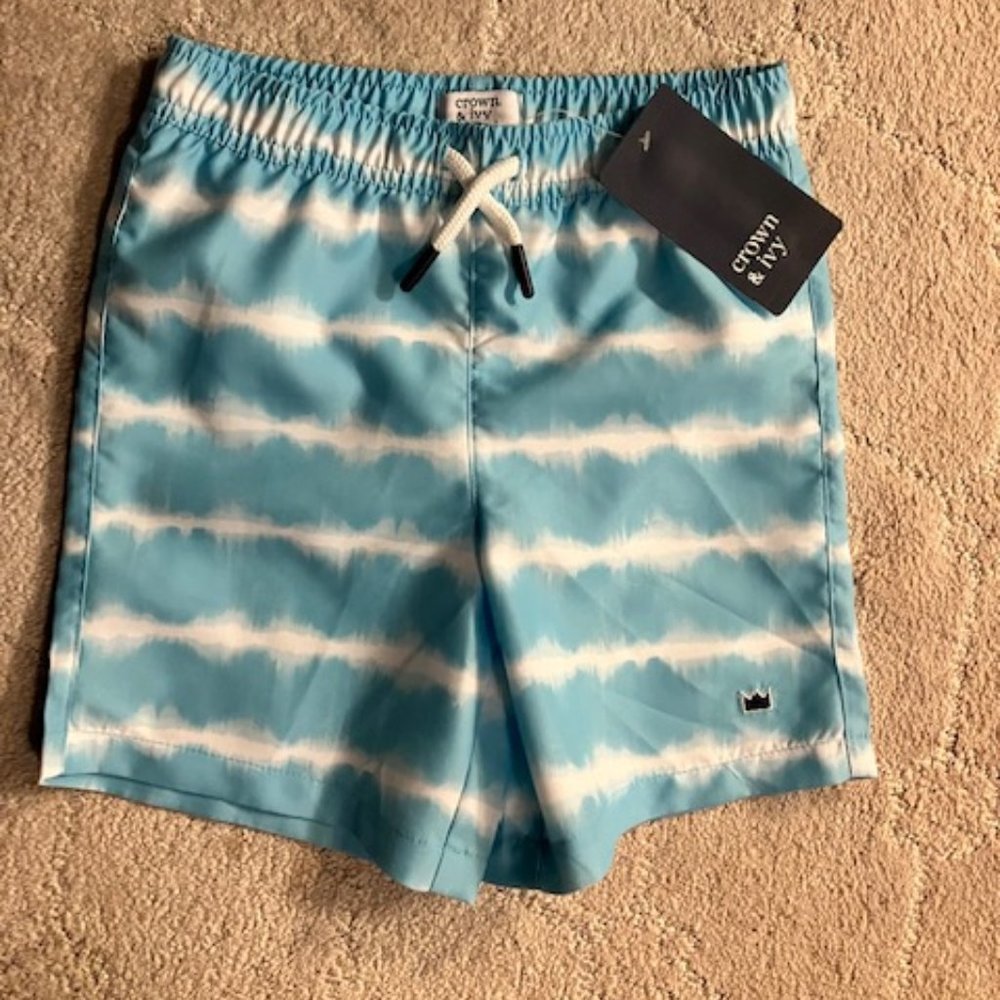 NWT!  CROWN & IVY - Boy's Size 4 Aqua Blue & White Swim Trunks - NEW!